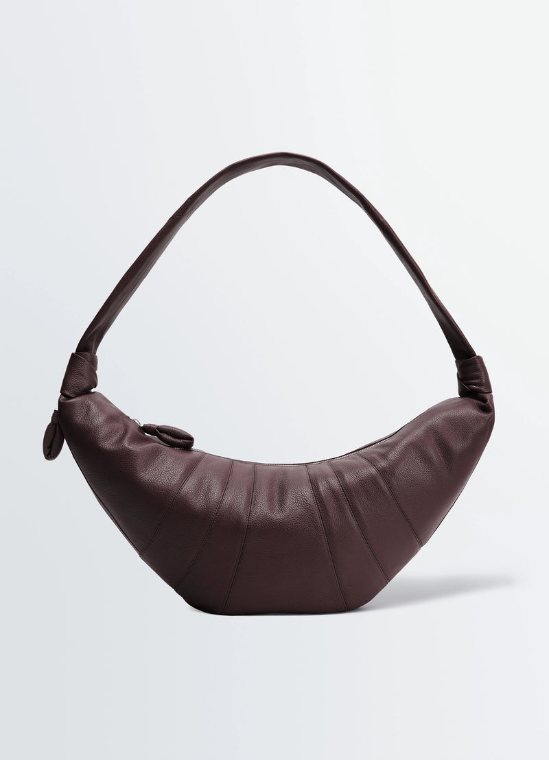 Lemaire Large Croissant Bag in Grained Leather, product shot, Front view Curved with topstitching