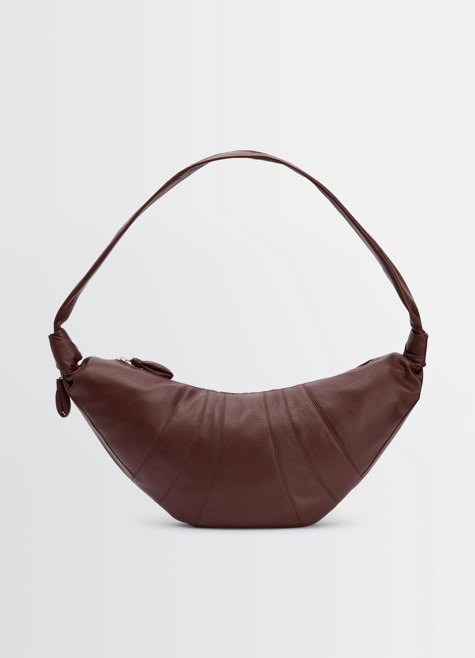 Lemaire large croissant bag in grained leather, product shot, front view crescent shape