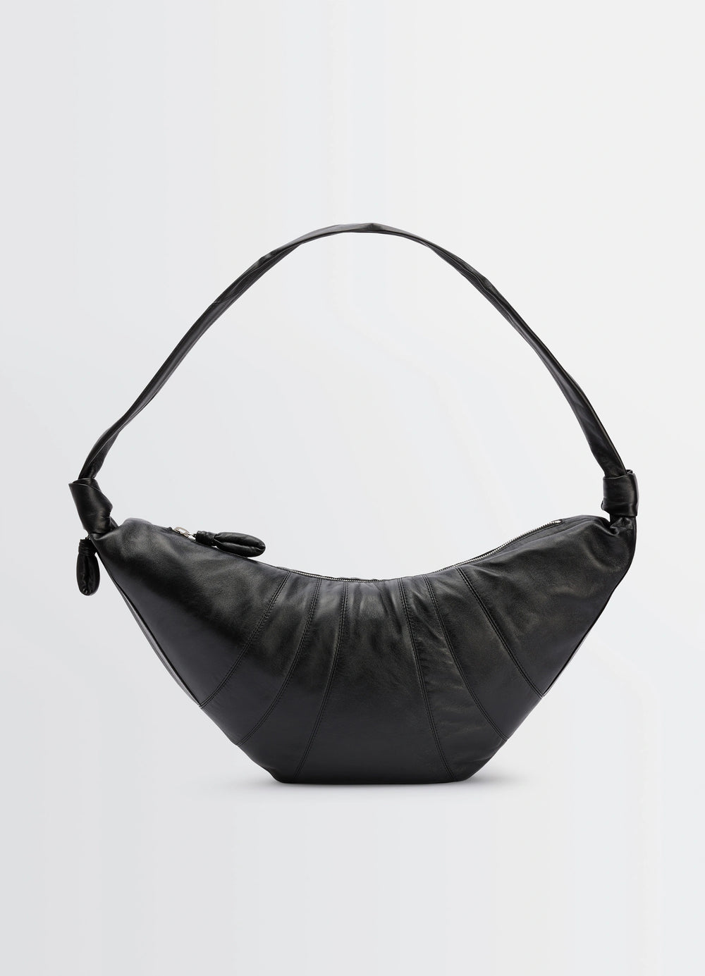 Lemaire Large Croissant Bag in Black Nappa Lamb Leather, product shot, front view arched strap design