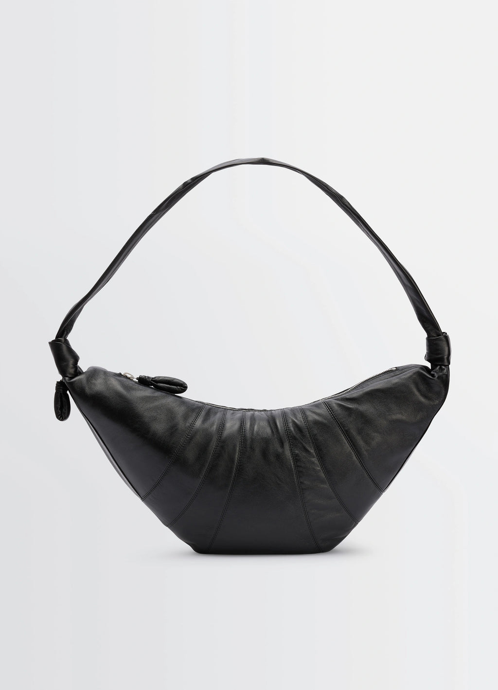 Lemaire Large Croissant Bag in Black Nappa Lamb Leather, product shot, front view arched strap design