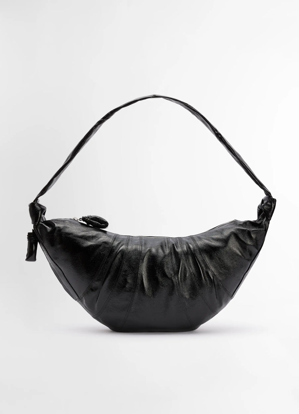 Lemaire Large Croissant Bag in Black Coated Cotton Canvas, product shot, front view curved silhouette