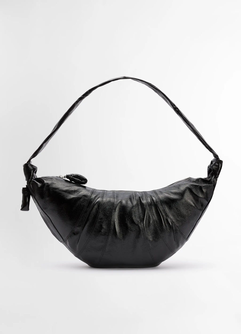 Lemaire Large Croissant Bag in Black Coated Cotton Canvas, product shot, front view curved silhouette