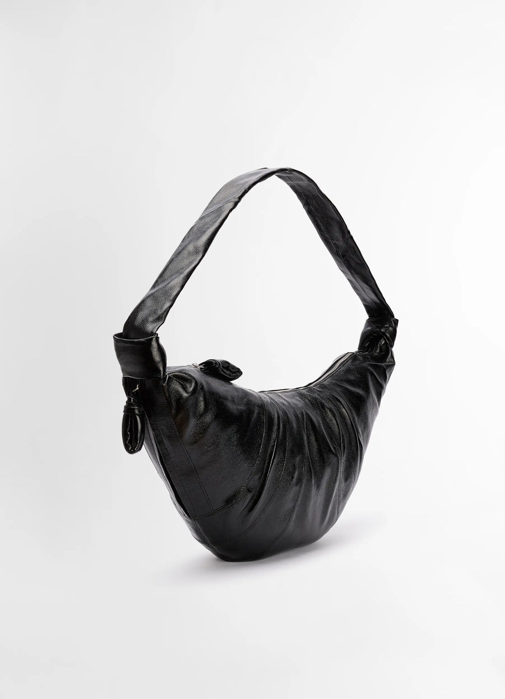 Lemaire Large Croissant Bag in Black Coated Cotton Canvas, product shot, back view twisted strap detail
