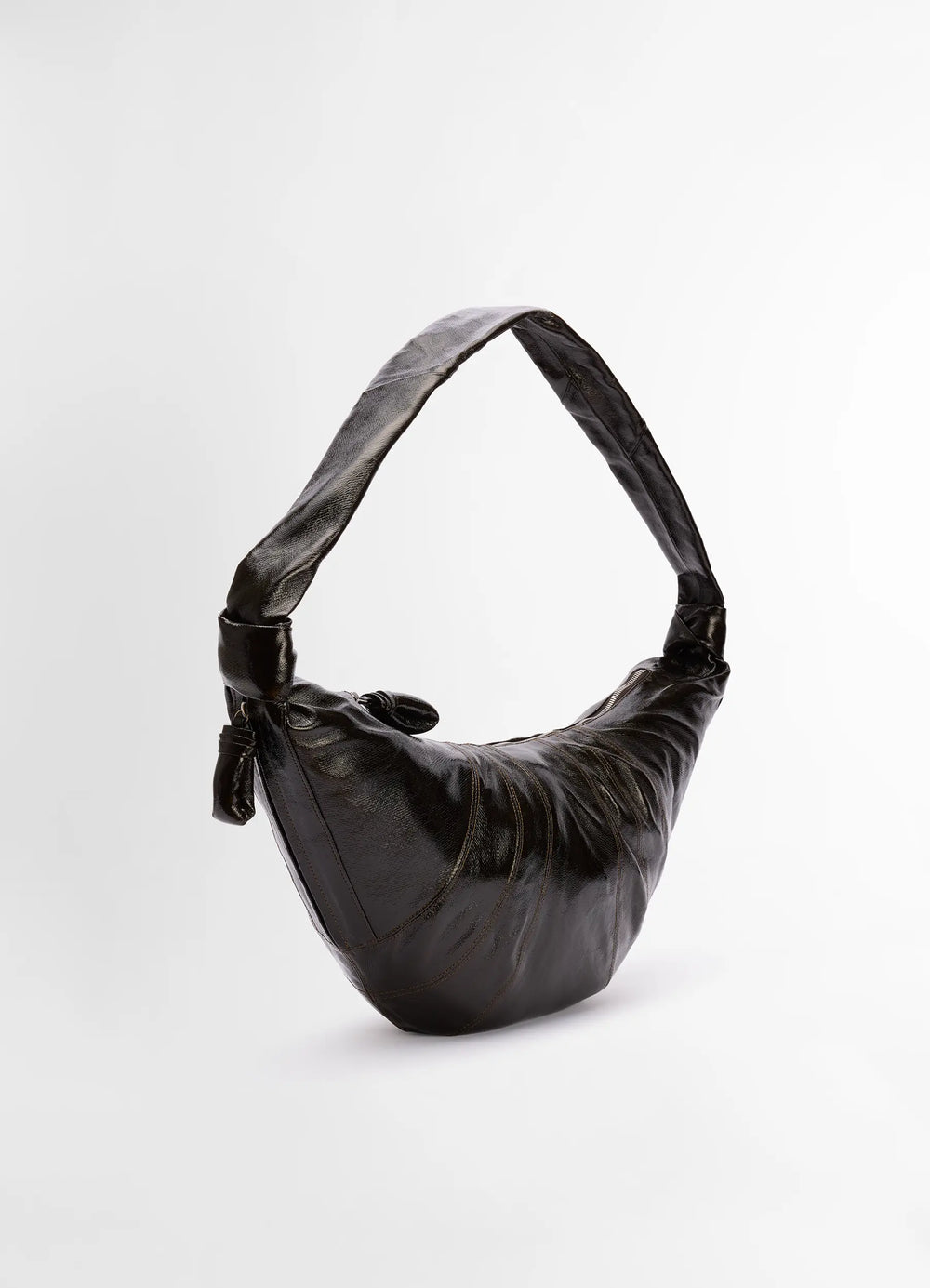 Lemaire Large Croissant Bag in Coated Cotton, product shot, side view wrinkled texture