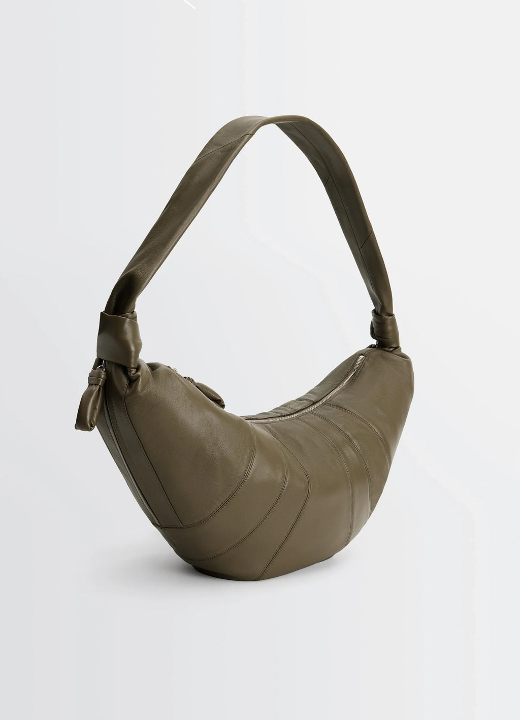 Lemaire Large Croissant Bag in Nappa Lamb Leather, product shot, 3/4 view rounded base, soft leather