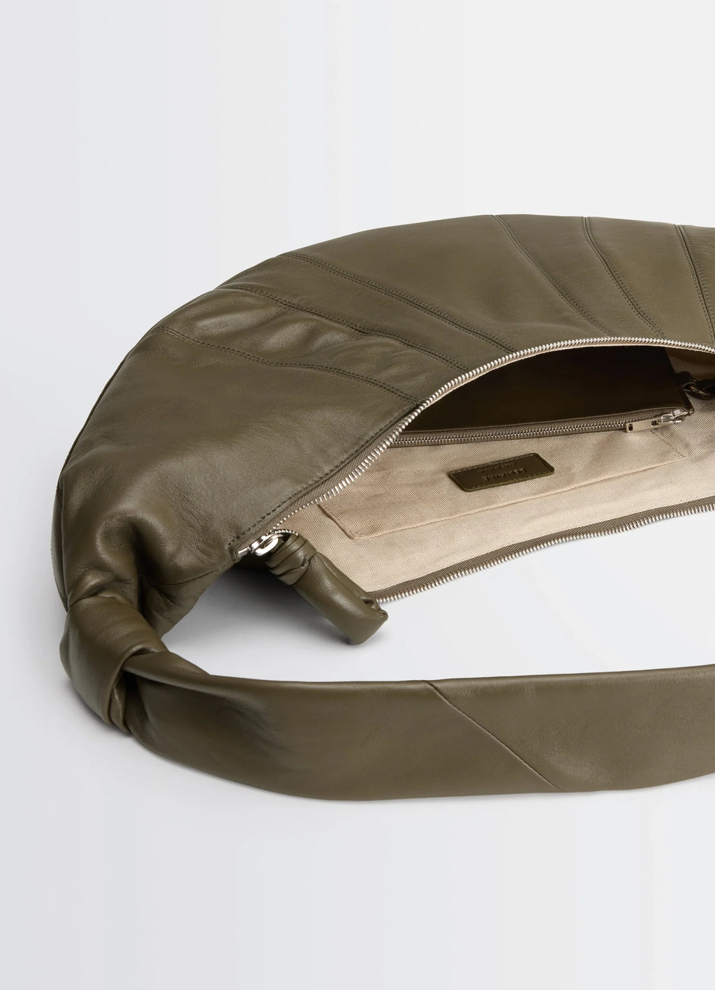 Lemaire Large Croissant Bag in Nappa Lamb Leather, product shot, interior view topstitched open zipper