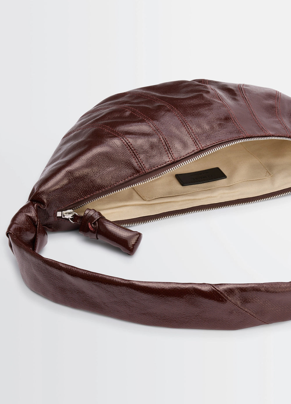 Lemaire Medium Croissant Bag in Brown Coated Cotton Canvas, product shot, top detail shot zipper opening detail