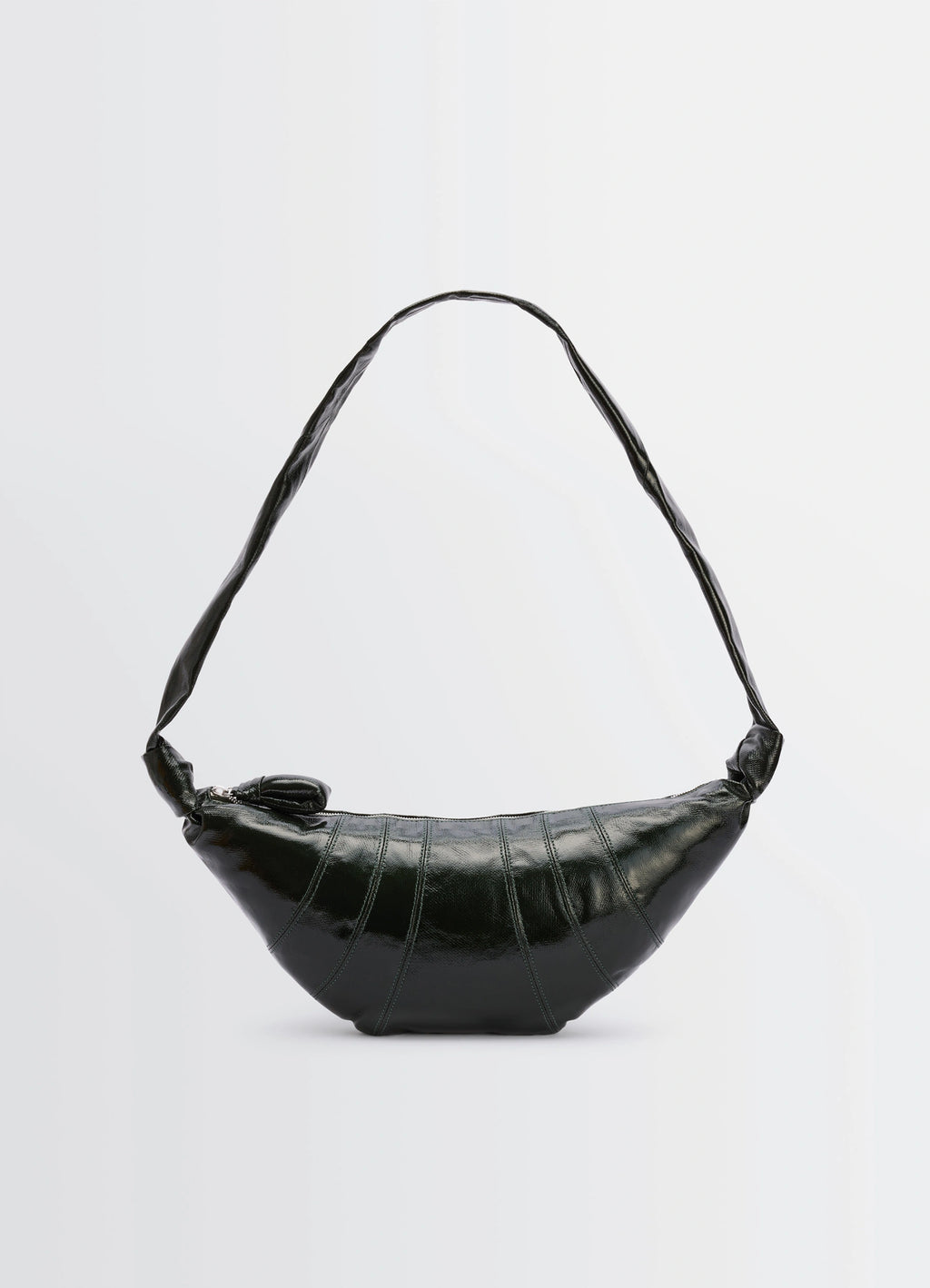 Lemaire Medium Croissant Bag in Shiny Coated Cotton Canvas, product shot, front top view elongated strap detail