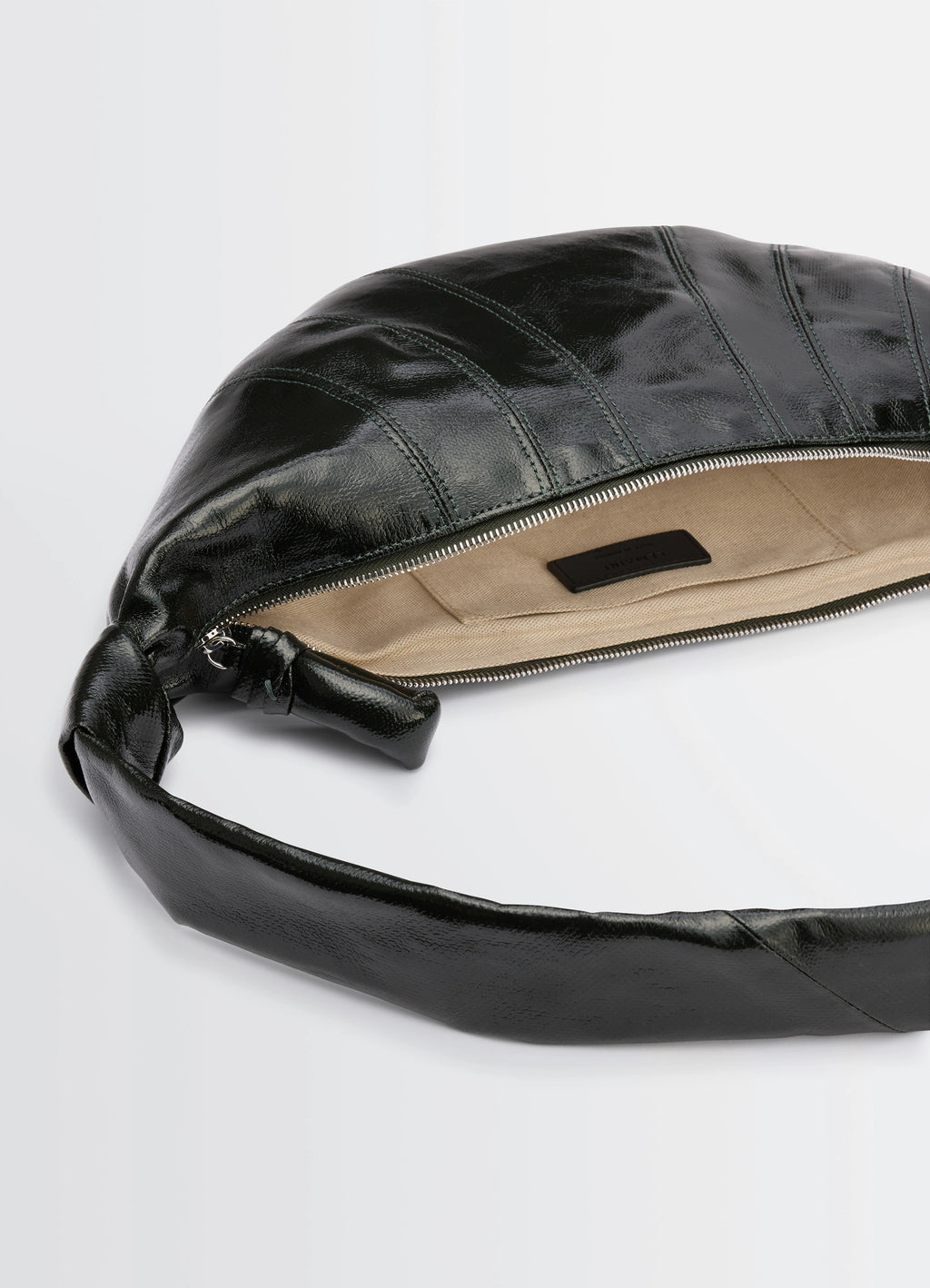 Lemaire Medium Croissant Bag in Shiny Coated Cotton Canvas, product shot, top side detail shot interior view and zip detail