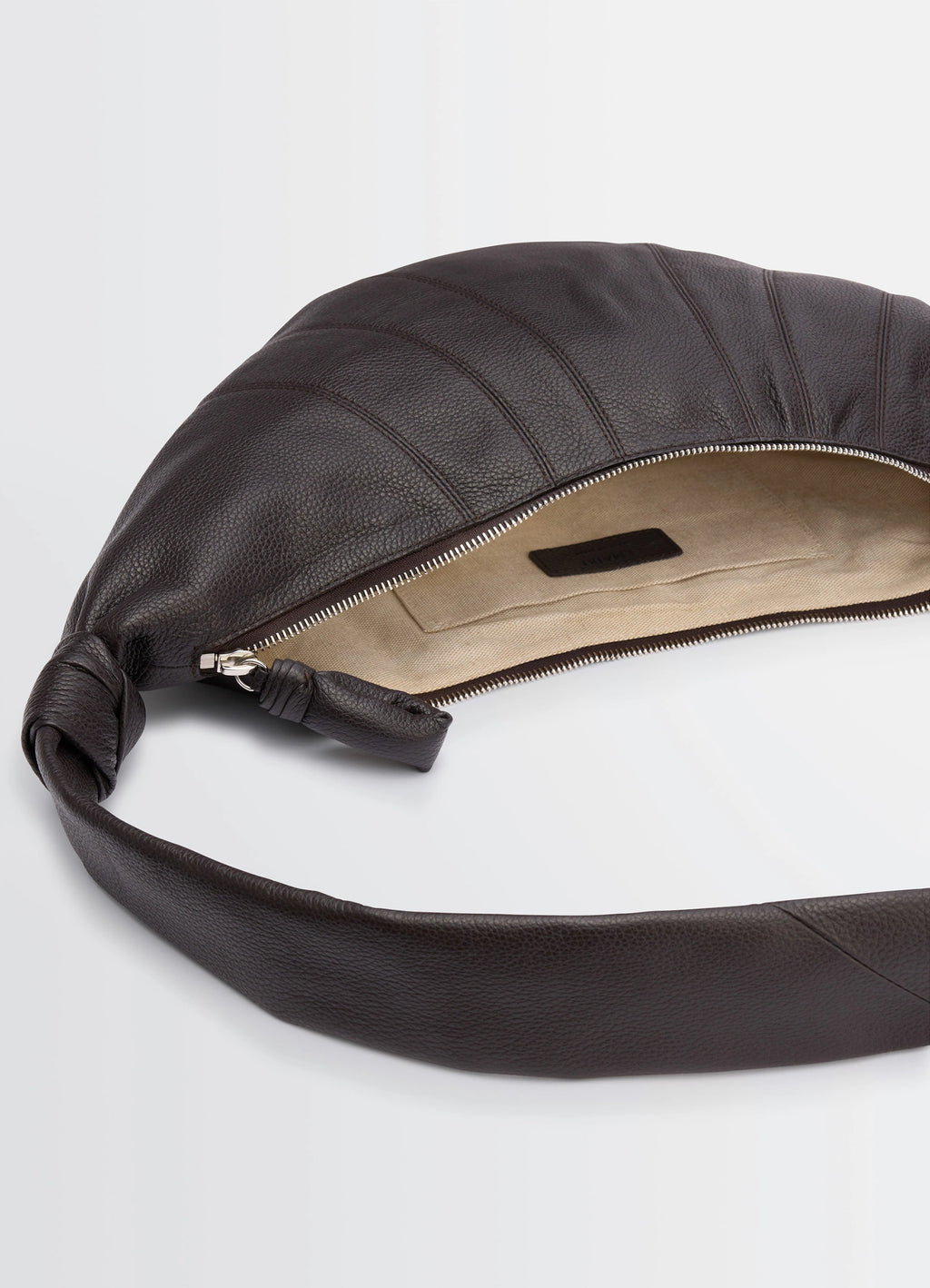 Lemaire Medium Croissant Bag in Grained Leather, product shot, top detail view open zipper interior view