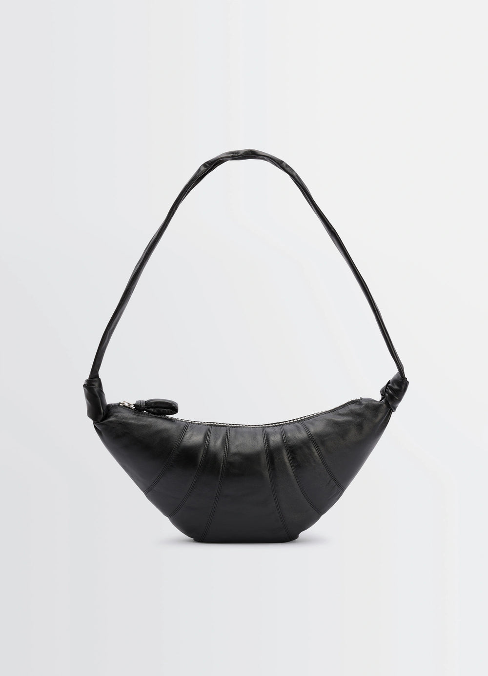 Lemaire Medium Croissant Bag in Black Nappa Lamb Leather, product shot, side view curved silhouette