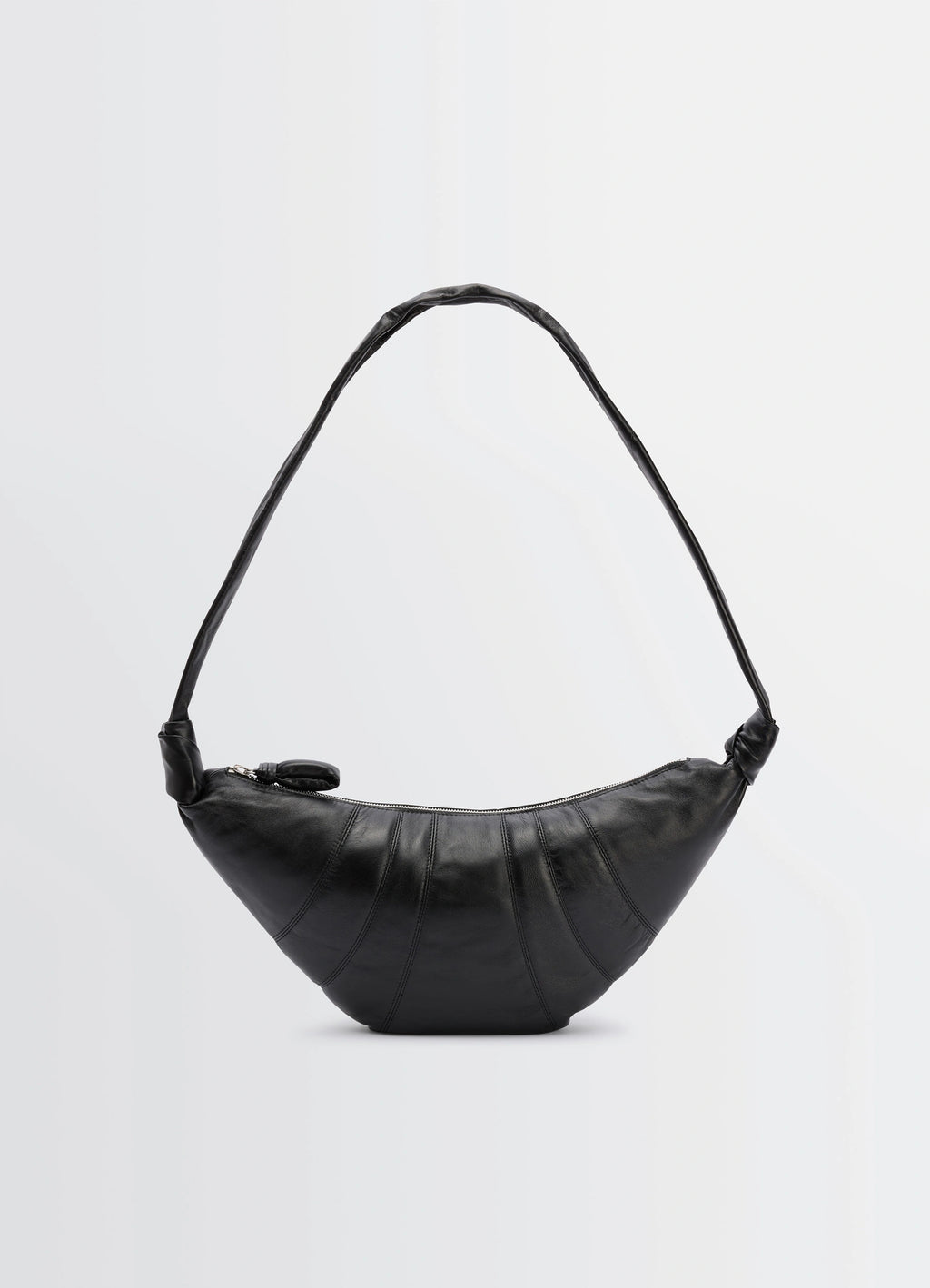 Lemaire Medium Croissant Bag in Black Nappa Lamb Leather, product shot, side view curved silhouette