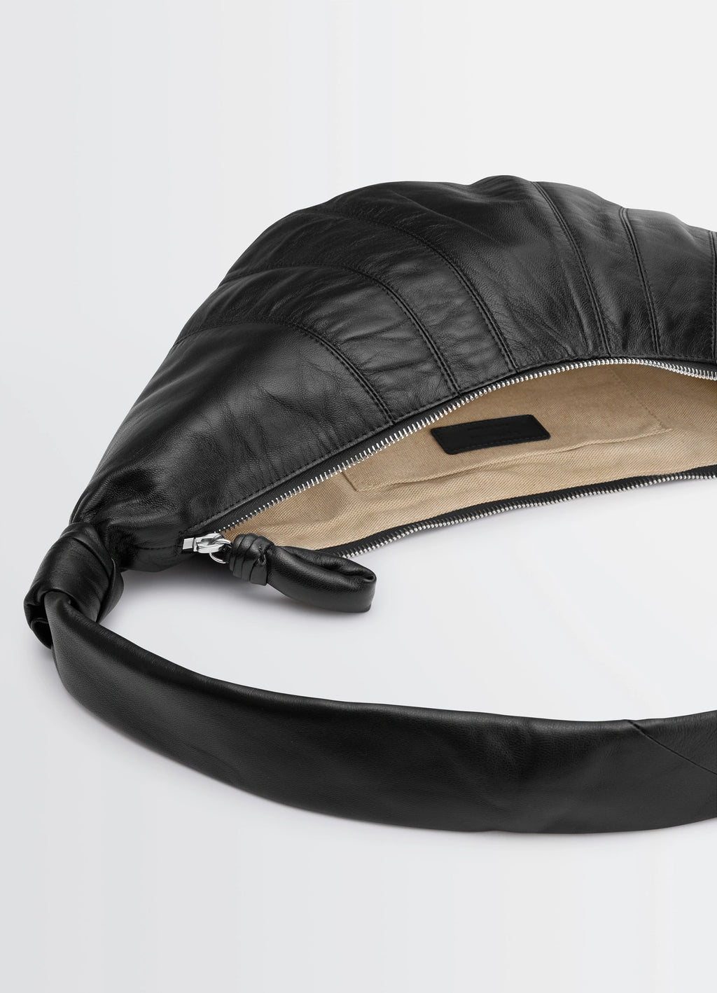 Lemaire Medium Croissant Bag in Black Nappa Lamb Leather, product shot, top view exposed zipper, interior view