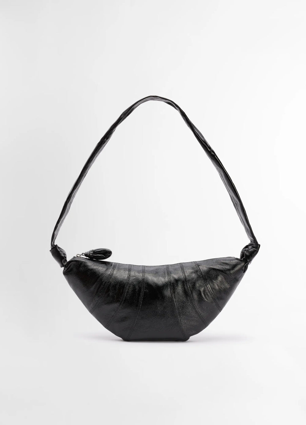 Lemaire Medium Croissant Bag in Black Coated Cotton, product shot, front view curved silhouette