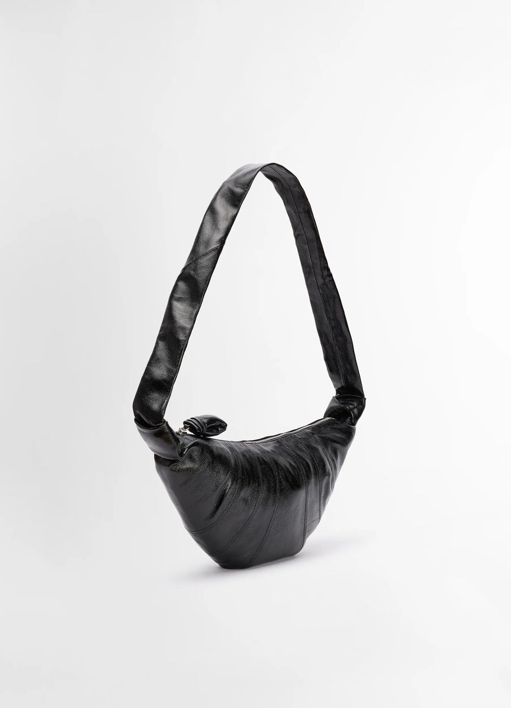 Lemaire Medium Croissant Bag in Black Coated Cotton, product shot, three-quarter view slouchy structure