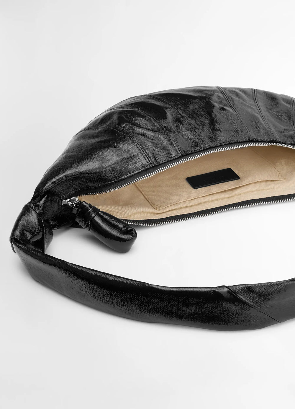 Lemaire Medium Croissant Bag in Black Coated Cotton, product shot, top view interior zipper detail