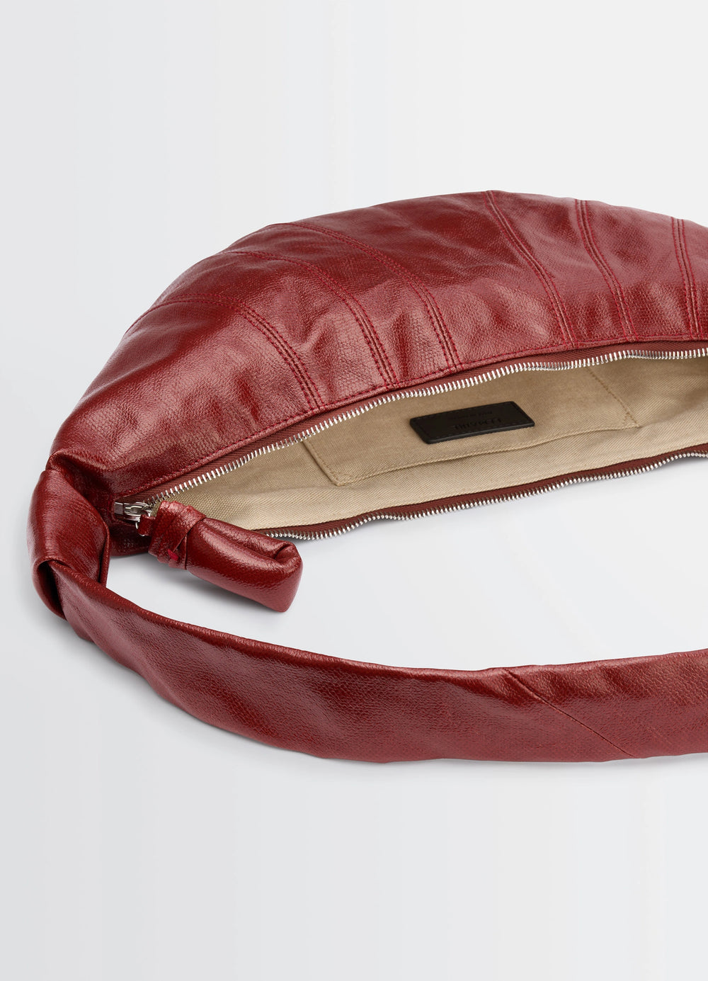 Lemaire Medium Croissant Bag in Coated cotton canvas, product shot, top interior view exposed zipper detail