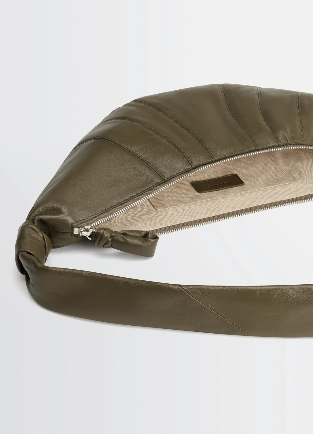 Lemaire Medium Croissant Bag in Nappa Lamb Leather, product shot, top interior view exposed zipper detail