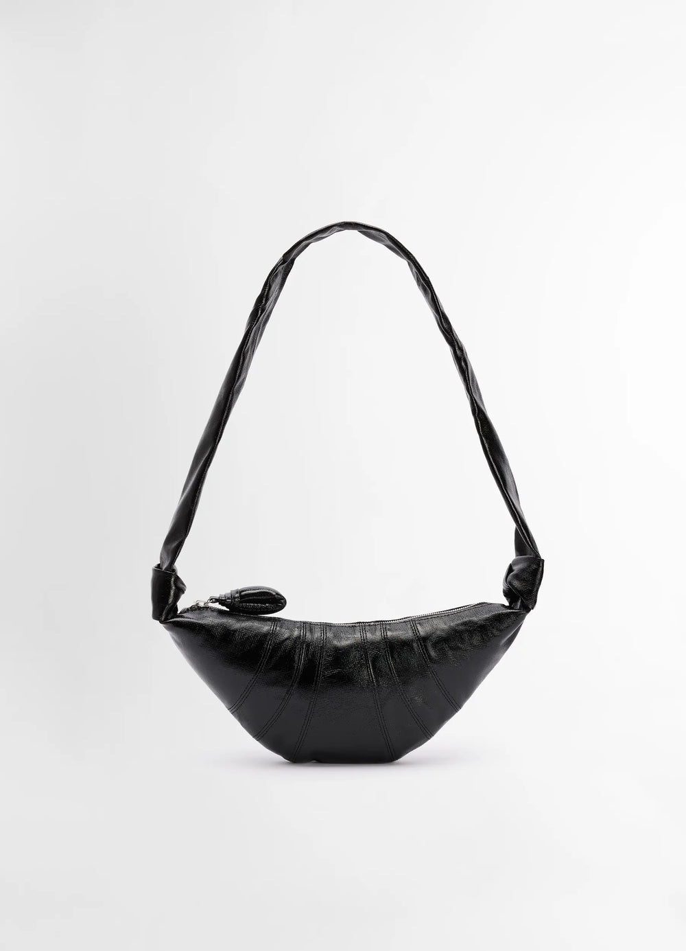 Lemaire Small Croissant Bag in Black Coated Cotton, product shot, front view arched handle