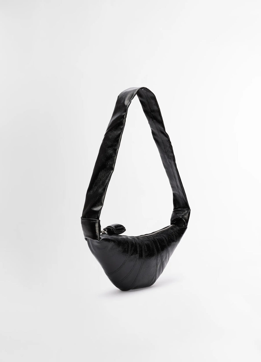 Lemaire Small Croissant Bag in Black Coated Cotton, product shot, top angled view extended strap detail