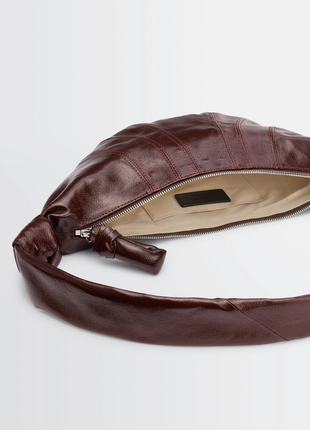 Lemaire Small Croissant Bag in Coated Cotton Canvas, product shot, top open view inner lining focus