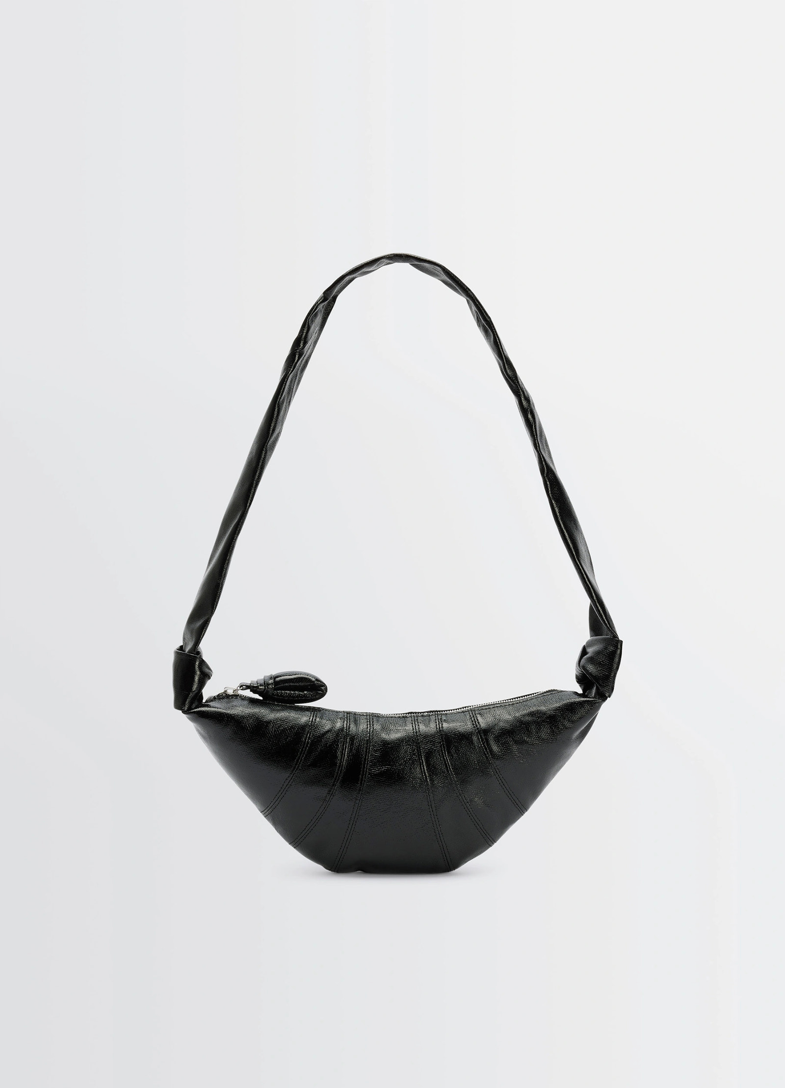 Lemaire small croissant bag in coated cotton canvas, product shot, side view simple arc shape