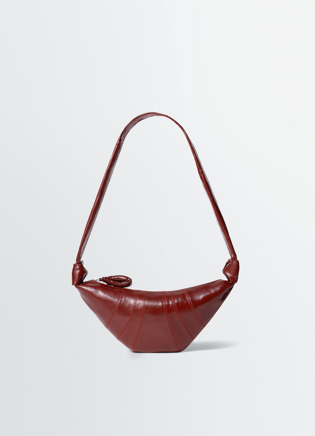 Small Croissant Bag in Coated Cotton, product shot, Front angled view Supple topstitched panels