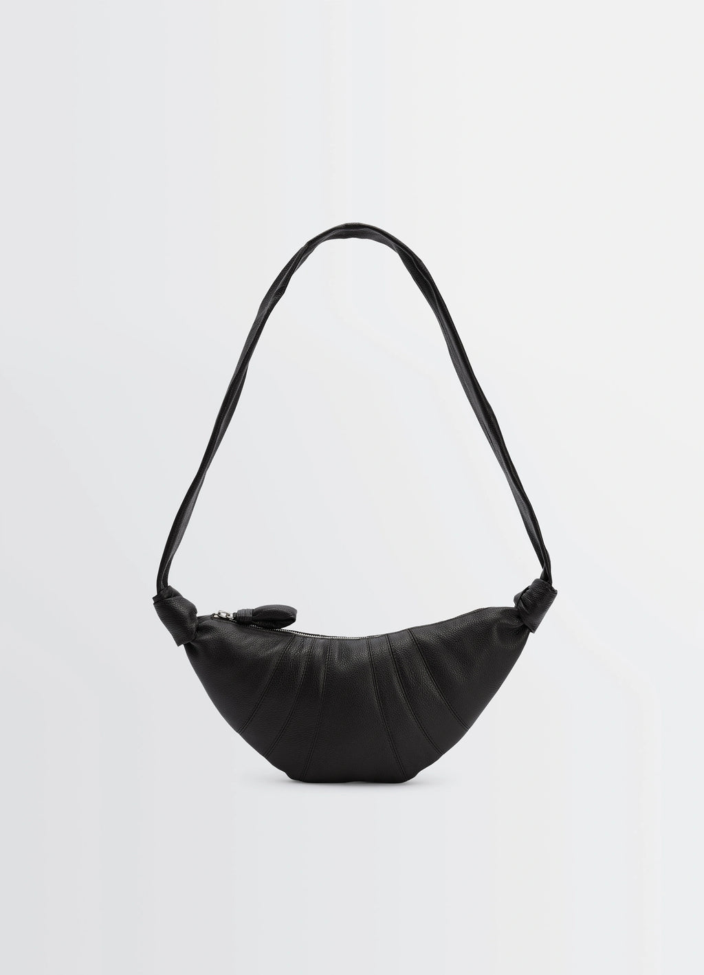 Small Croissant Bag in Black Grained Leather, product shot, front view curved silhouette
