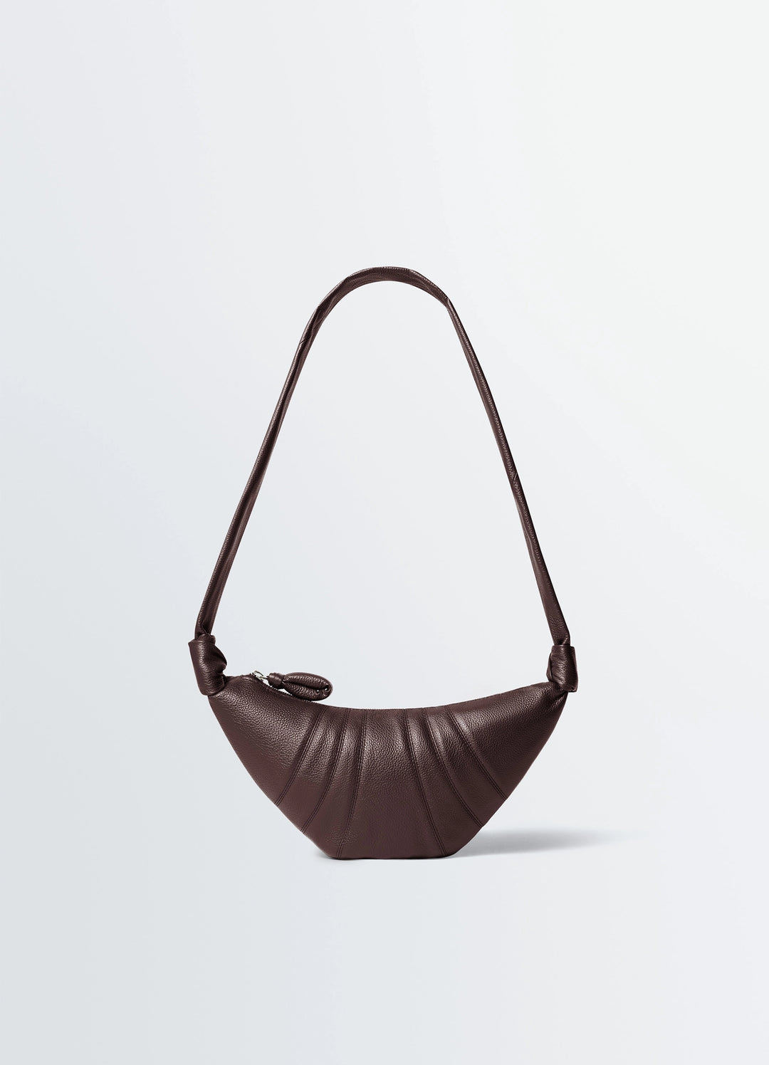 Small Croissant Bag in Grained Leather, product shot, Front view Curved topstitched panels
