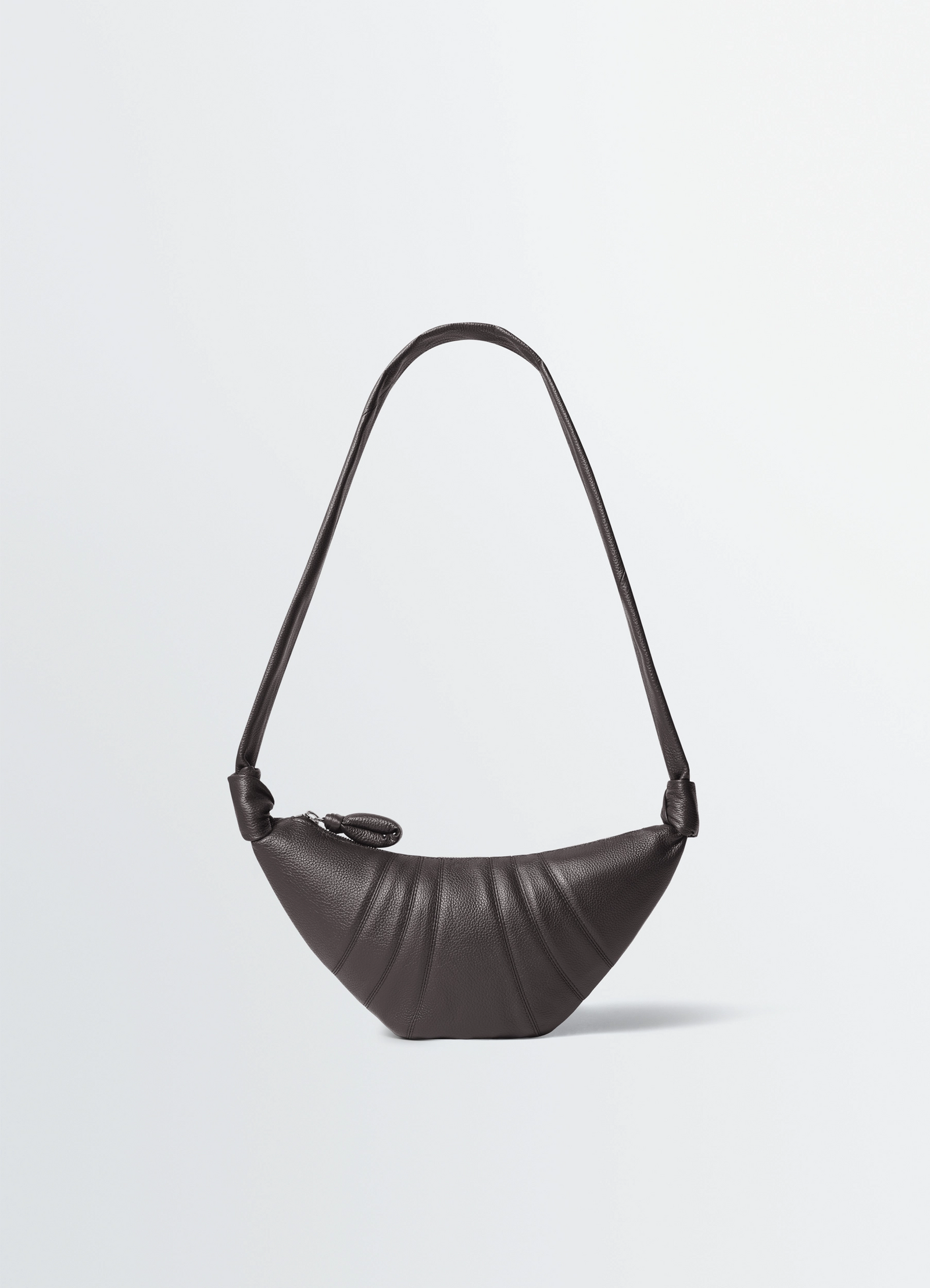 Lemaire small croissant bag in grained leather, product shot, front view topstitched panels