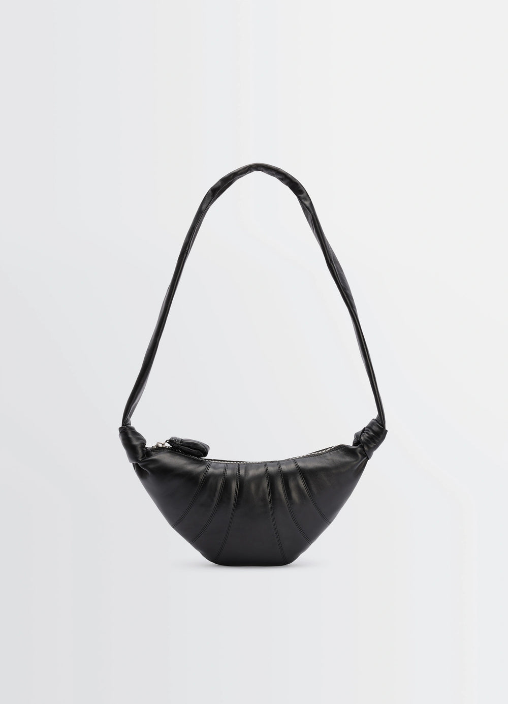 Lemaire Small Croissant Bag in Black Nappa Lamb Leather, product shot, front view draped leather texture