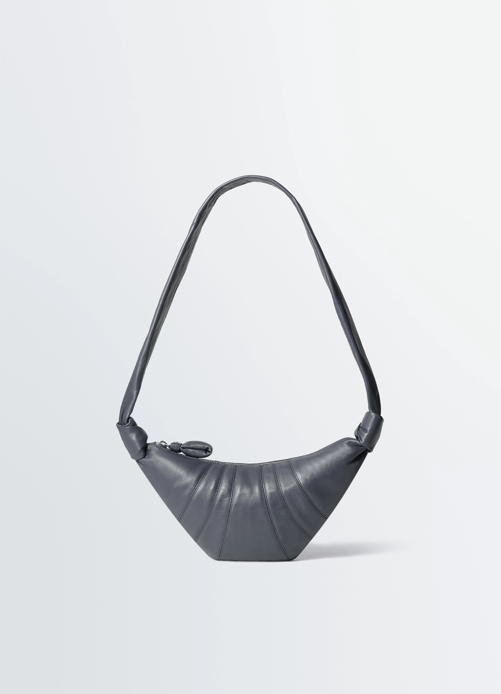Fortune croissant bag in grey nappa lambskin, product shot, front view knotted elements visible
