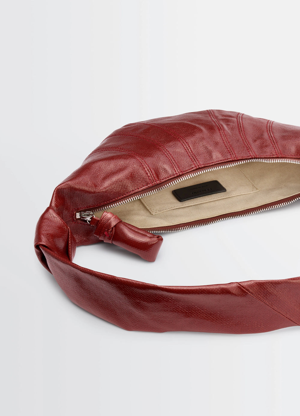 Lemaire Small Croissant Bag in Coated Cotton Canvas, product shot, top zipper view interior beige lining