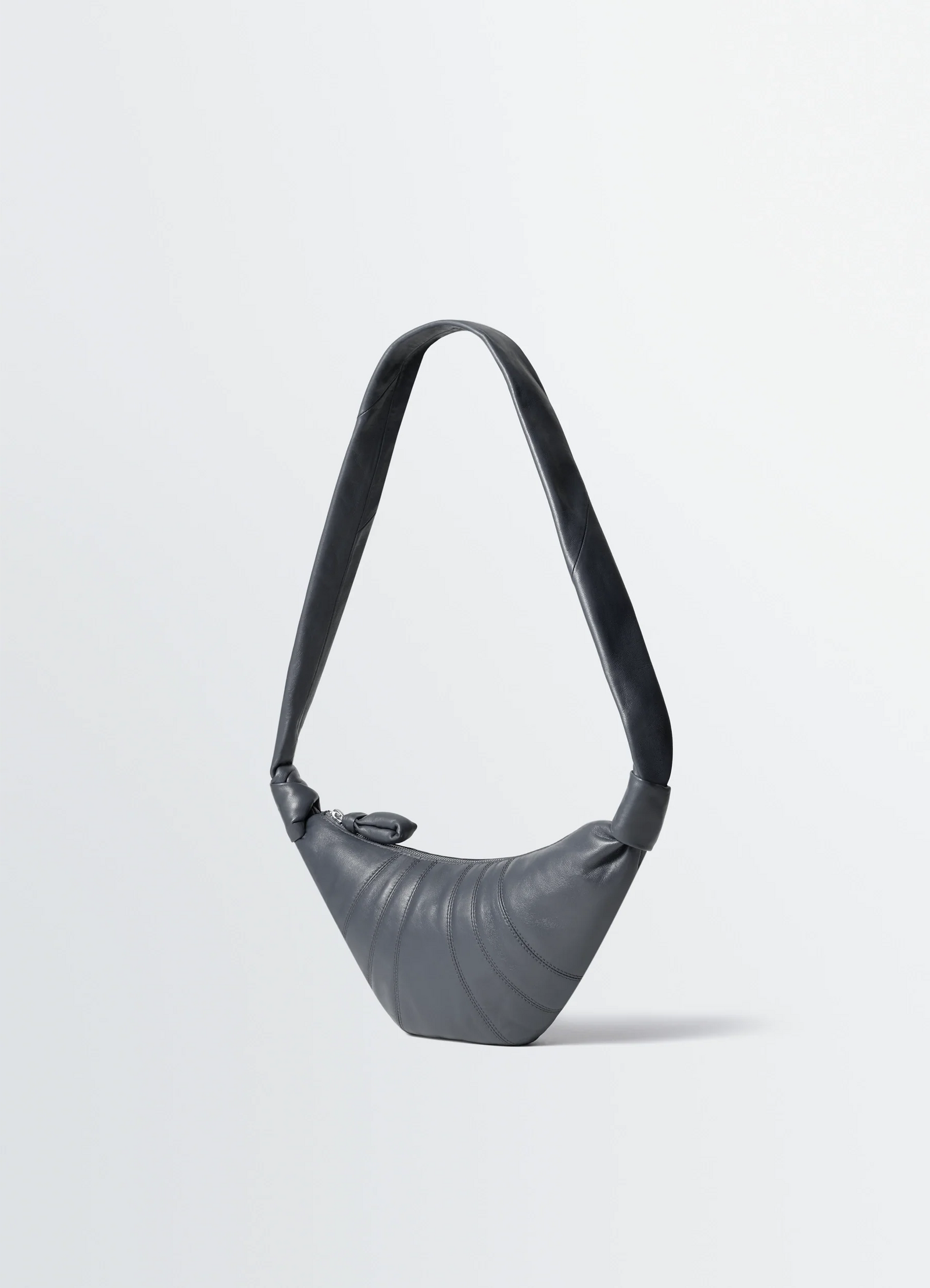 Fortune croissant bag in grey nappa lambskin, product shot, side view arched handle feature