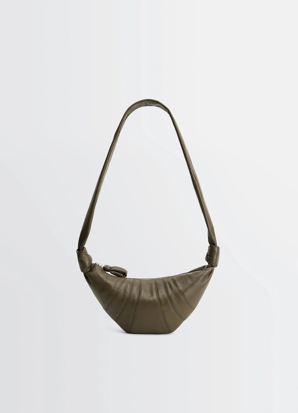 Lemaire Small Croissant Bag in Khaki Nappa Lamb Leather, product shot, front view structured crescent
