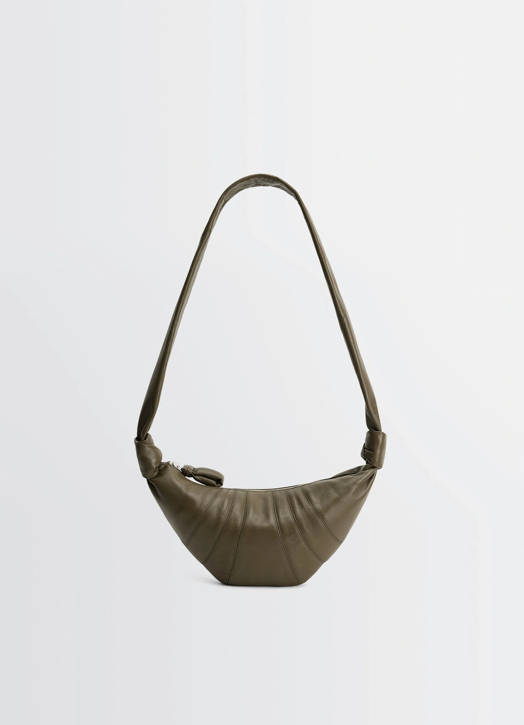 Lemaire Small Croissant Bag in Khaki Nappa Lamb Leather, product shot, front view structured crescent