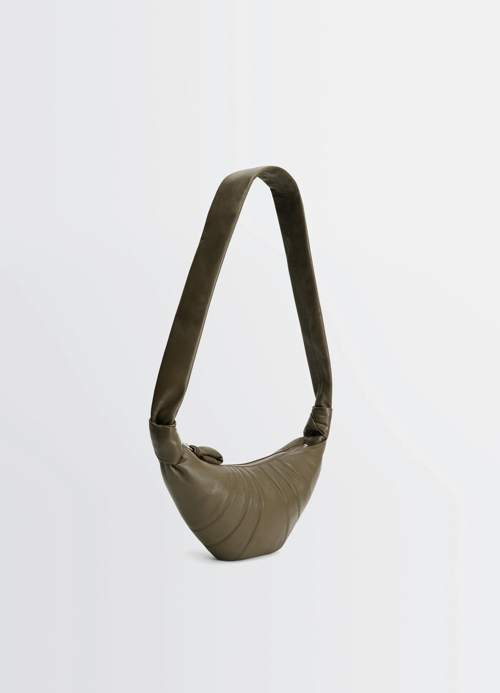 Lemaire Small Croissant Bag in Khaki Nappa Lamb Leather, product shot, angled upper view textured strap emphasis