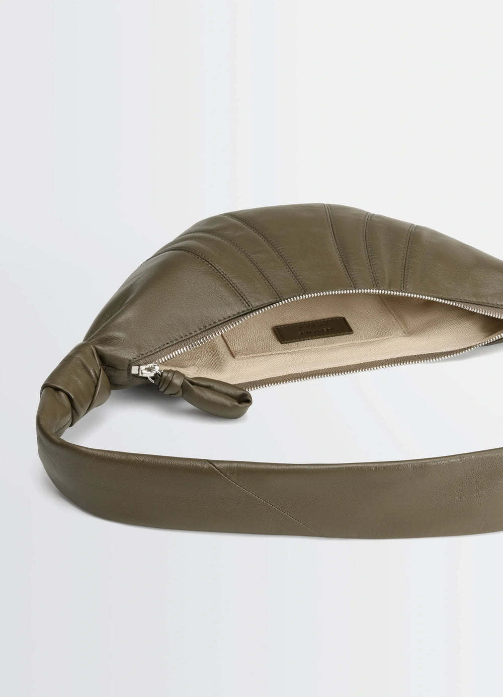 Lemaire Small Croissant Bag in Khaki Nappa Lamb Leather, product shot, inner compartment view open zipper with lining