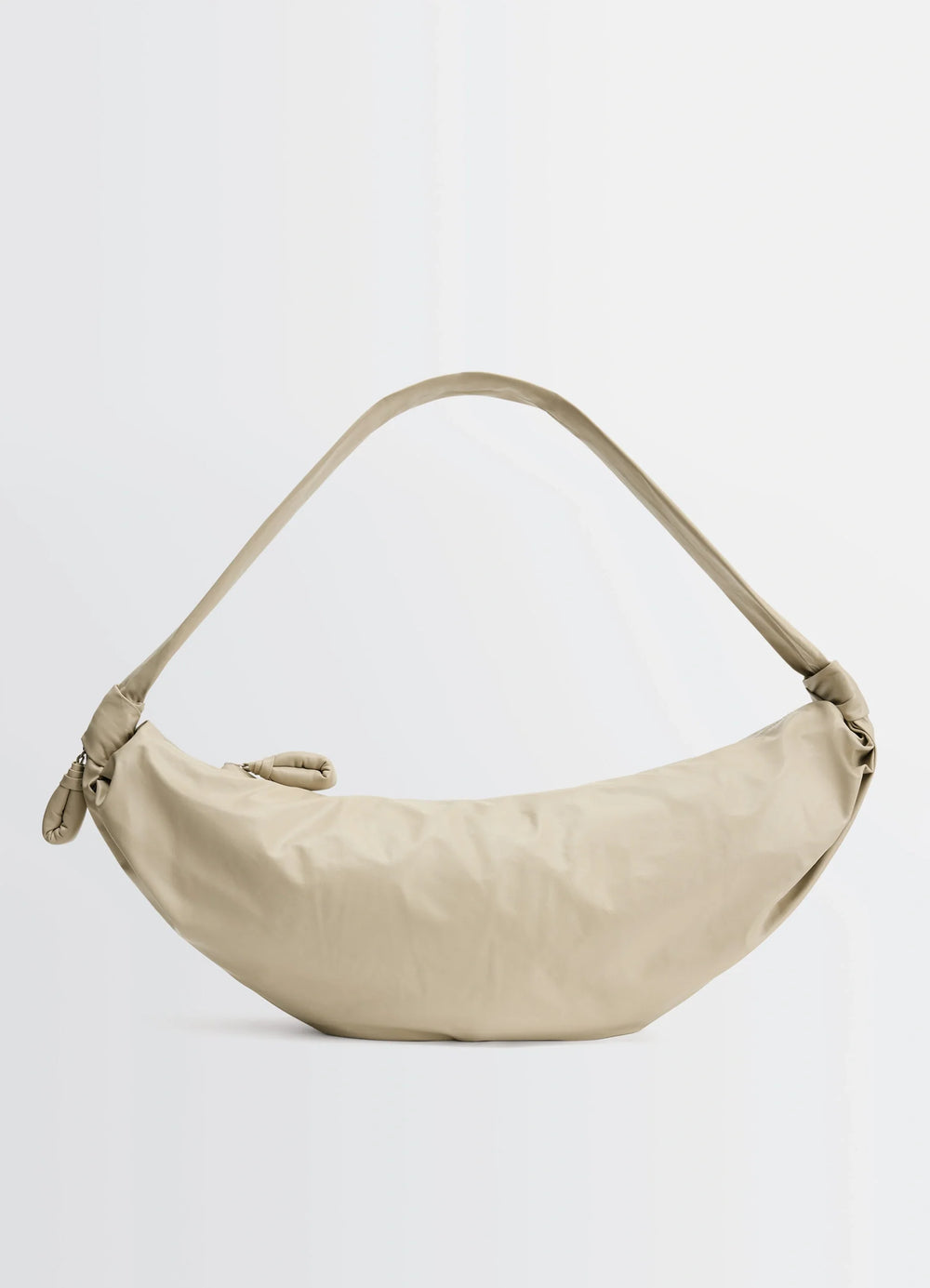 Lemaire Large Soft Croissant Bag in Paper-effect Leather, product shot, front view curved shape with pleats