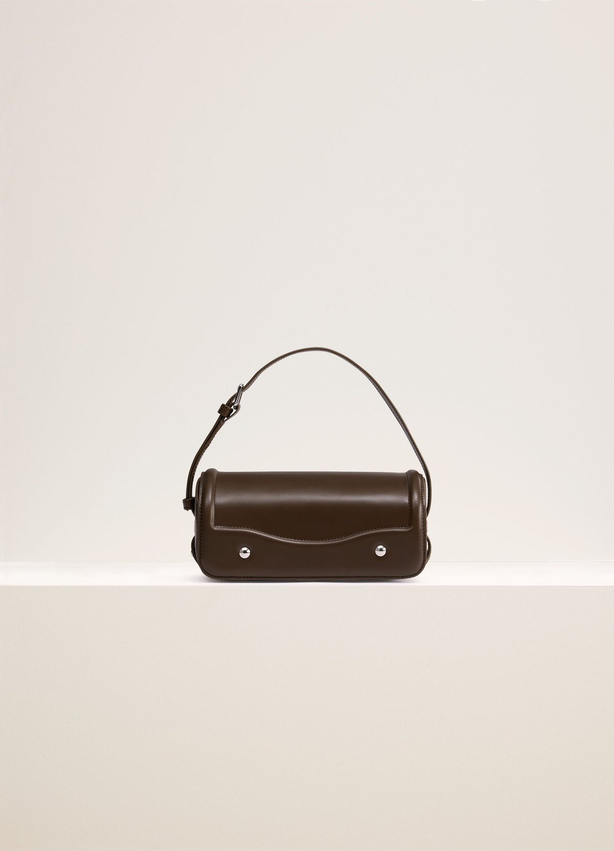 Lemaire Ransel Handbag in Glossy Vegetable-Tanned Leather, product shot, Front View Structured with Silver Closure