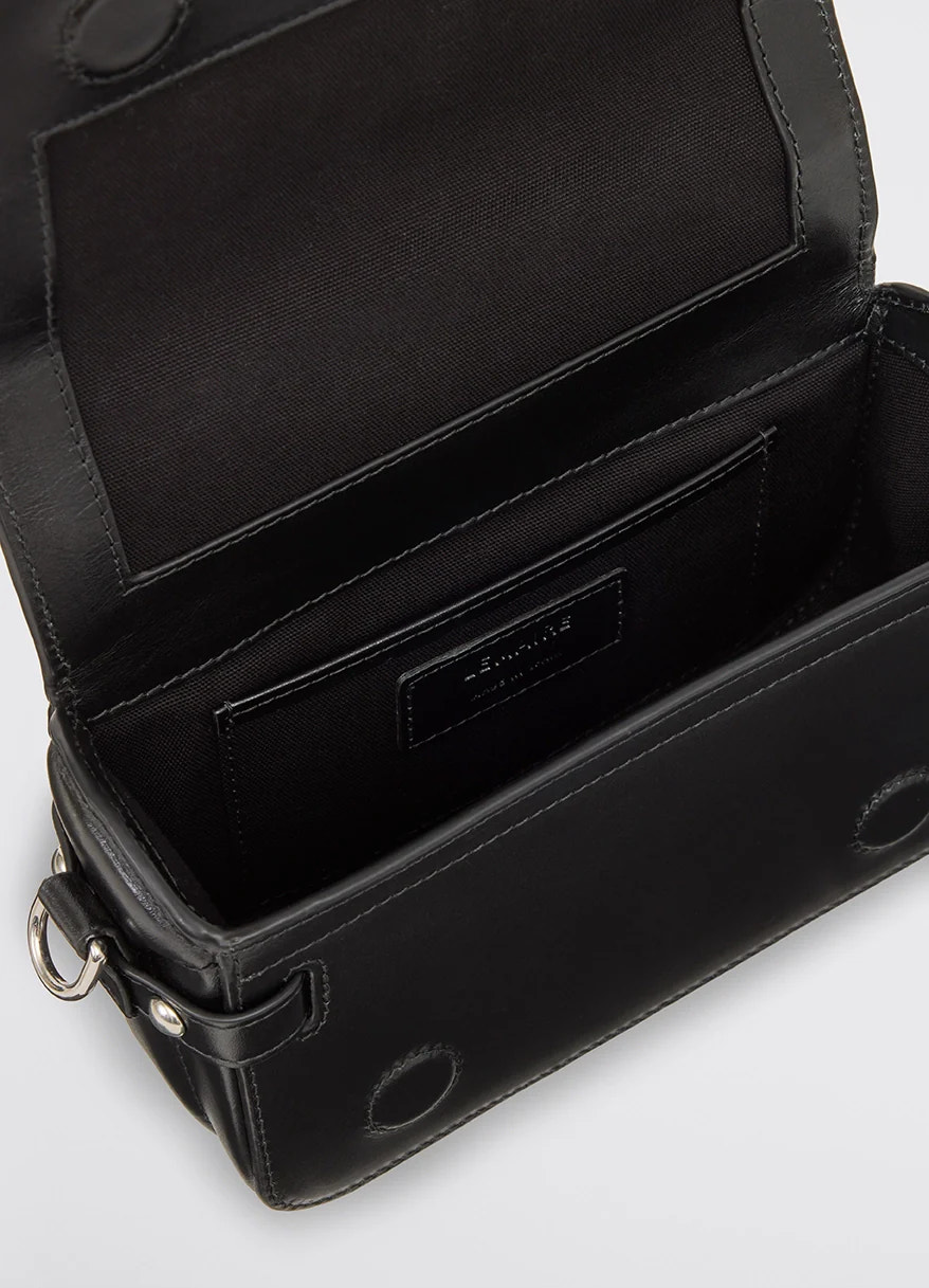 Lemaire ransel mini satchel in glossy black vegetable-tanned leath, product shot, top open interior vie interior pocket detai