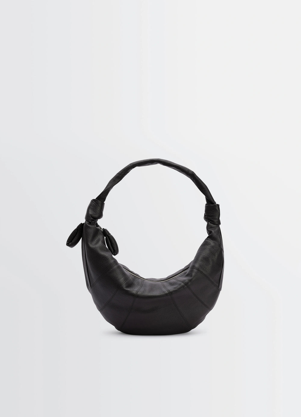 Fortune Croissant Bag in Grained Leather Black, product shot, front view crescent shape