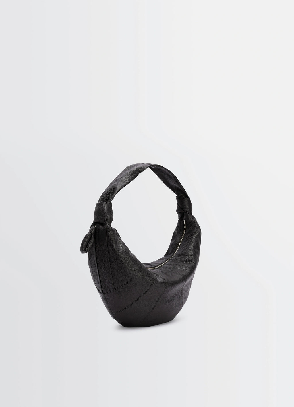Fortune Croissant Bag in Grained Leather Black, product shot, three-quarter view zipper detail visible