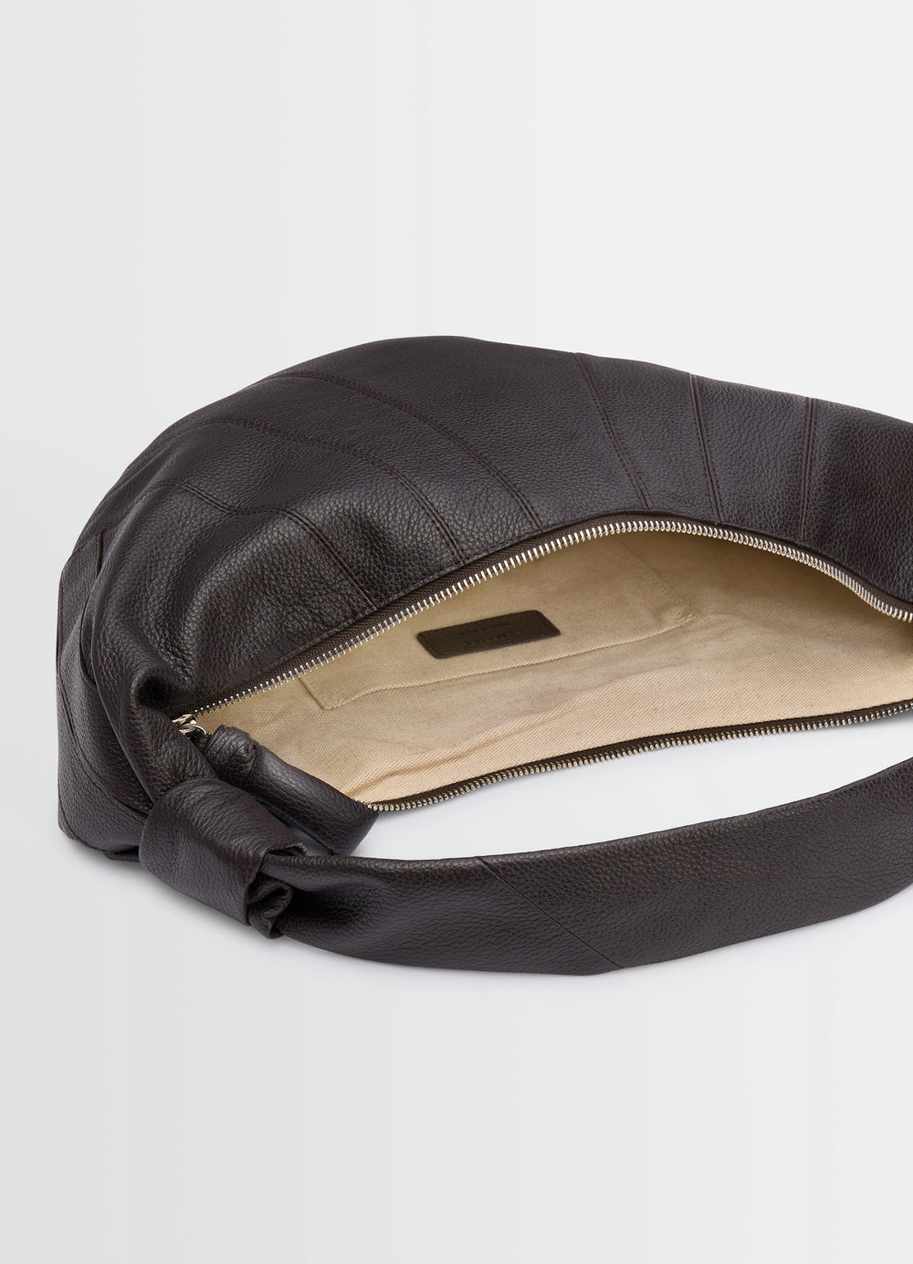 Fortune Croissant Bag in Grained Leather, product shot, top view open visible inner lining