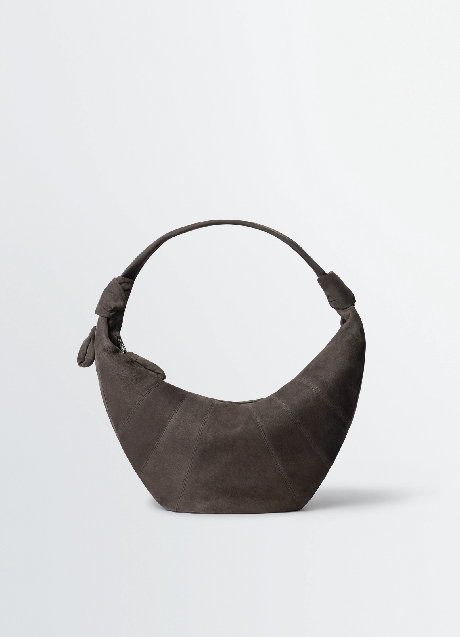Fortune croissant bag in nubuck leather, product shot, front view folded half-moon shape