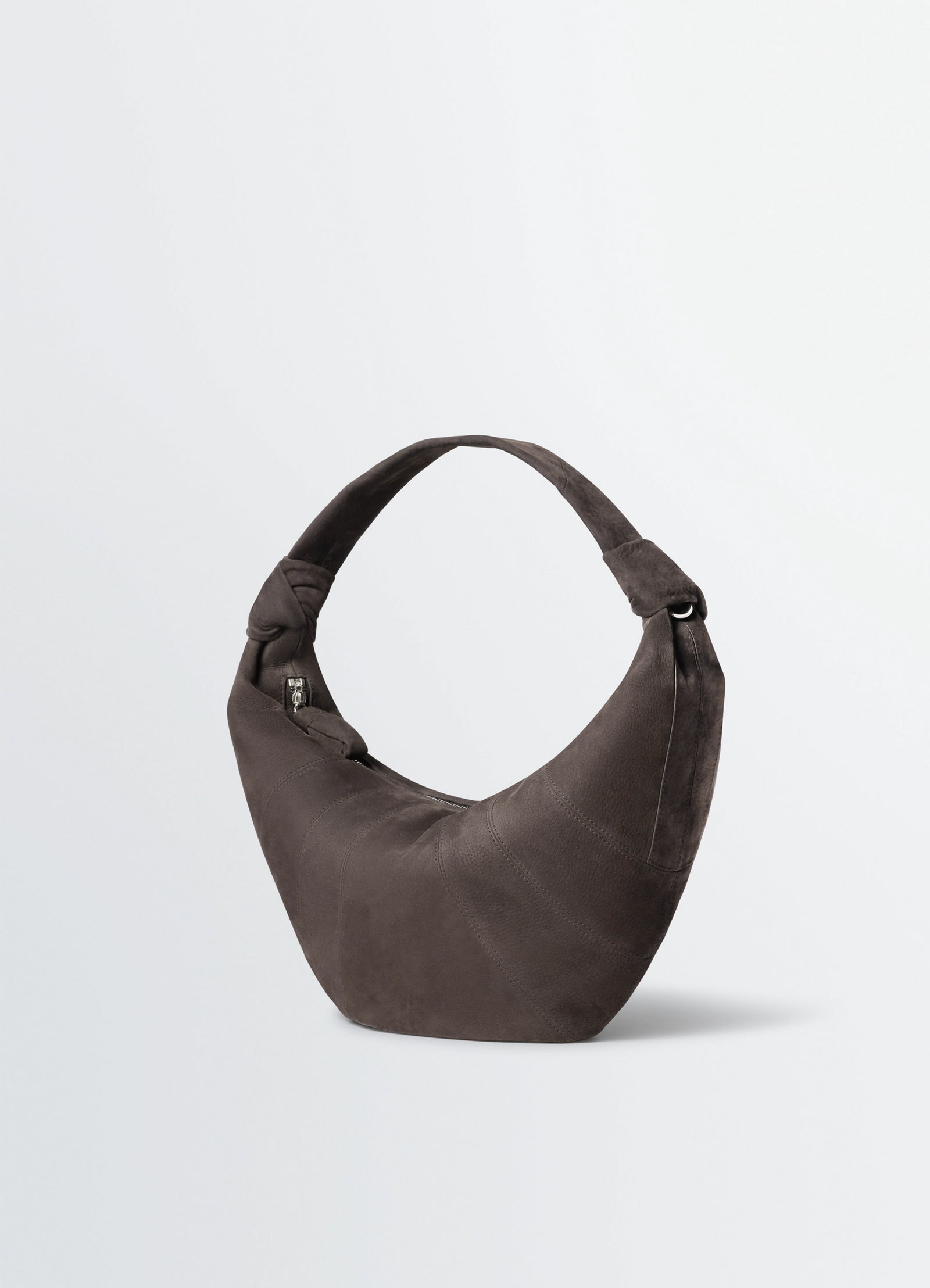 Fortune croissant bag in nubuck leather, product shot, back angle shot textured surface visible