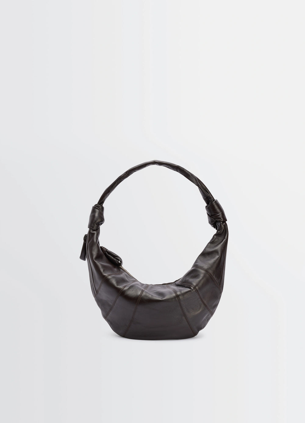 Fortune Croissant Bag in Soft Nappa Lambskin, product shot, front view knotted handle detail