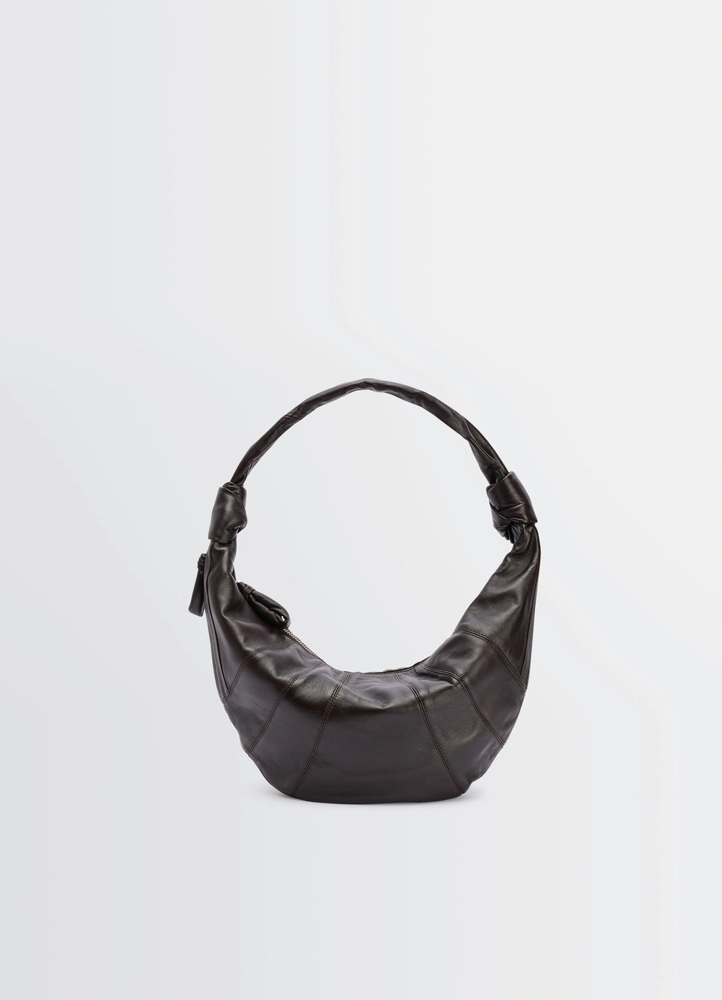 Fortune Croissant Bag in Soft Nappa Lambskin, product shot, front view knotted handle detail