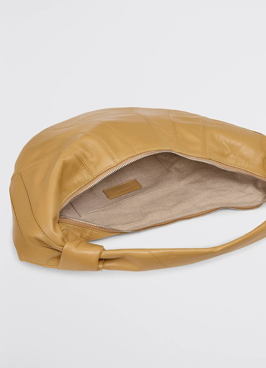 Lemaire Fortune Croissant Bag in Tan Nappa Lamb Leather, product shot, top view open zipper top with fabric lining