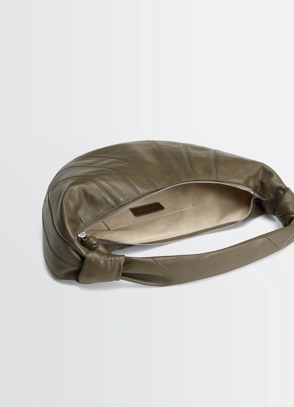 Fortune Croissant Bag in Nappa Lambskin Leather, product shot, top view open zippered opening, interior lining